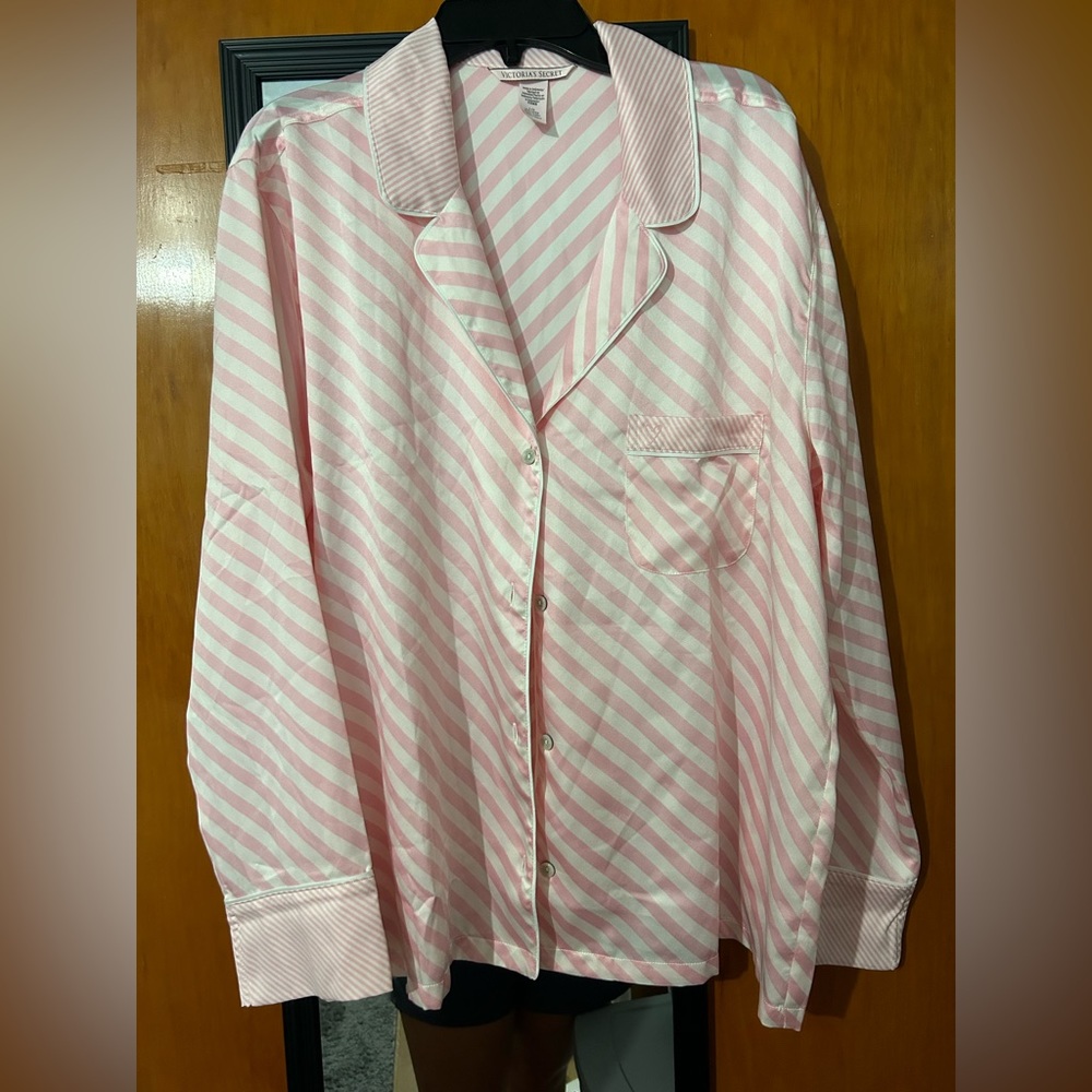 VINTAGE $90 Victorias Secret Satin Afterhours Pajama Set Bias Pink Stripe LARGE
